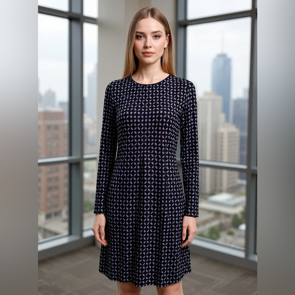 Tibi Blue Geometric Long Sleeve Shift Dress